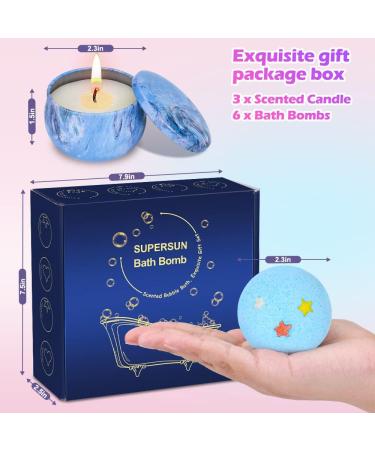 Mother's Day Gift Set: 6 Handmade Organic Bath Bombs with 3 Scented Candles - Bath Set Gifts for Women, Mom, Kids - Blue - Buy Online on GoSupps.com