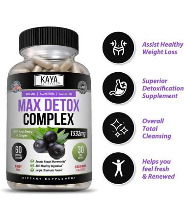 Kaya Naturals Max Detox 60 Capsules - 100% Natural Body Cleanse Supplement with Pure Herbal Ingredients to Remove Toxins & Boost Metabolism - Vegan & Non-GMO - Buy Online on GoSupps.com