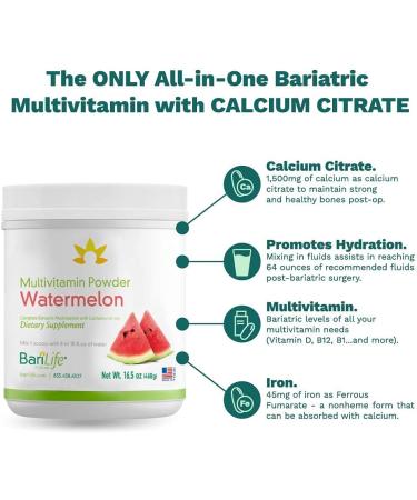 Bari Life Watermelon Bariatric Multivitamin Powder - Calcium Citrate & Iron - 1.03lb (Pack of 1) - Buy Online on GoSupps.com