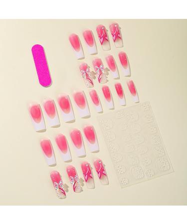 Vezocim Long French Tip Press-On Nails - Glossy Pink Coffin Shape with Heart Bow Gems - Extra Long Full Cover Acrylic Fake Nails for Women & Girls - Buy Online on GoSupps.com