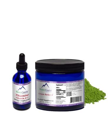 HoneyCombs Vitamin B1 Thiamine Supplement Liquid Drops and Green Barley 4 - Maintain Energy Nervous System Metabolism & Overall Well-Being (Thiamine Drops 1 Fl Oz + Green Barley 4 8.5 Oz Powder) Vitamin B1 + Green Barley