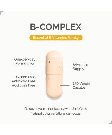 Just Glow B Complex - 250 Vegan Capsules - Essential Vitamin B w/Biotin Niacin Choline Folate and Inositol - Made in Canada (250 Days / 1 Bottle) - Buy Online on GoSupps.com