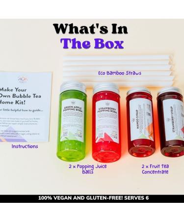 Bubble Tea Kit - Mango & Strawberry with Apple & Strawberry Popping Boba | Serves 6 | Low Calorie & Low Sugar Fruit Tea Concentrate - Buy Online on GoSupps.com