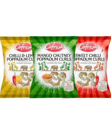 3 x Mixed Poppadum Curls Snacks Bags 80g - Mango Chutney Chilli & Lemon Sweet & Chilli Poppadum Curls - Buy Online on GoSupps.com