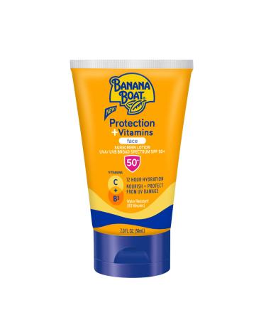Banana Boat Protection + Vitamins Face Sunscreen Lotion SPF 50 | Travel Size Sunscreen for Face Moisturizing with Vitamin C & Vitamin B3 Niacinamide SPF 50 Sunblock Lotion Fragrance Free 2Fl Oz 2 Fl Oz (Pack of 1)