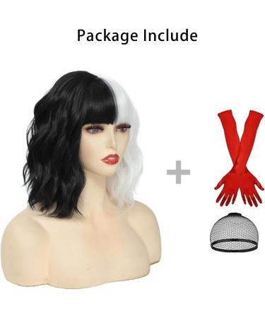 Yamel Black & White Wig with Red Gloves - Short Curly Wavy Half Wig for Women Halloween Cosplay - Buy Online on GoSupps.com