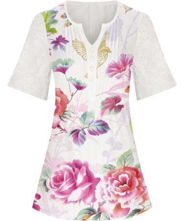 Women's Comfortable Lace Middle Long Sleeve Button Up V-Neck Hide Belly Tops Loose Bohemian Tunic Sexy Shirt Women's T-Shirt With Print Sports Shirt Women's Wide 3XL Hot Pink - Buy Online on GoSupps.com