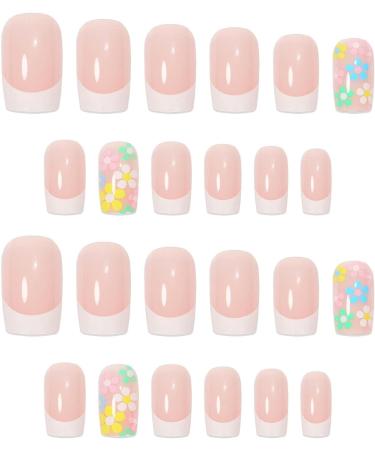Square French False Nails 24Pcs with Flower Pattern - Short Acrylic Stick on Nails for Women - Black Gradient Fake Nails - Buy Online on GoSupps.com