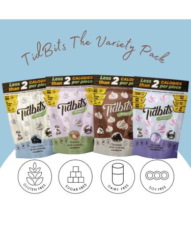 Tidbits Fun Bites Meringue Variety Pack | Low Calorie, Gluten Free, Sugar Free & Diabetic Snack | 4 Flavors - Cookies & Cream, Strawberry, Chocolate, Cotton Candy | 1.41 oz (Pack of 4) - Buy Online on GoSupps.com