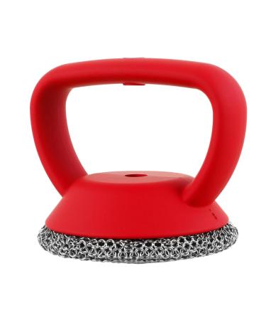 Besreey Stainless Steel Dish Scrubber Silicone Handle Pot Cleaning Scrubber Brush - Ergonomic Multi-Functional Kitchen Dish Scrubber Cast Iron Brush for Pans Grills Kitchen Stove Red