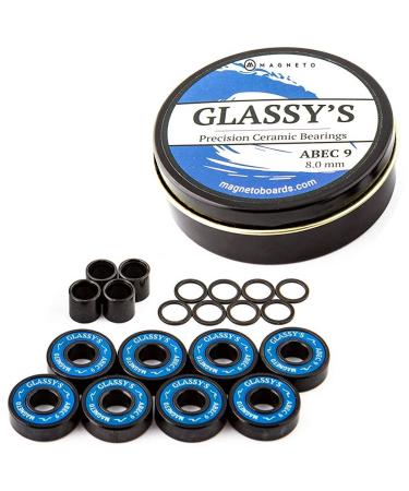 Glassy's Ceramic Bearings (8 Pack), ABEC 9 High Speed Skateboard Bearings with Washers, Spacers and a Glassy's Sticker (Black)