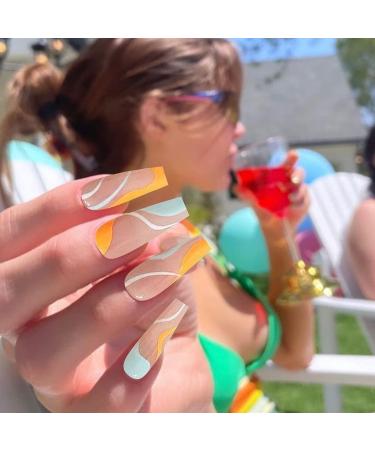 YOSOMK Long Press-on Nails - Orange Green Swirl Acrylic Artificial Nails for Women with Glue - Buy Online on GoSupps.com