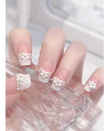 24pcs White Flower Daisy Coffin Fake Nail Flower Daisy Press on Nails White Flower Daisy Coffin Nails Luxurious Nails Acrylic Nails Fake Nails For Women Girls