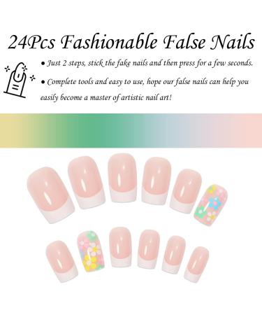 Square French False Nails 24Pcs with Flower Pattern - Short Acrylic Stick on Nails for Women - Black Gradient Fake Nails - Buy Online on GoSupps.com