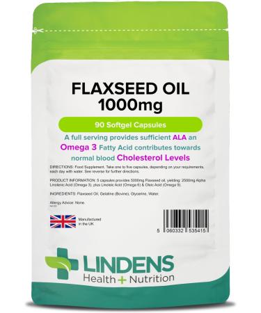 Lindens Flaxseed Oil 1000mg - 90 Capsules - Source of Omega 3 6 9 | UK Made | High in Alpha Linoleic Acid (ALA) | Maintenance of Normal Blood Cholesterol Levels | Fish Oil Alternative