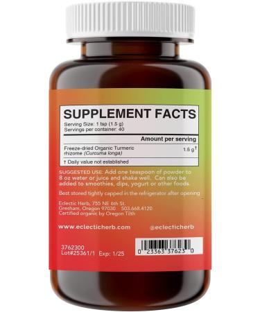 Raw Fresh Freeze-Dried Turmeric Powder - Eclectic Institute 2.1 oz (60g) - Whole Food Supplement - Buy Online on GoSupps.com