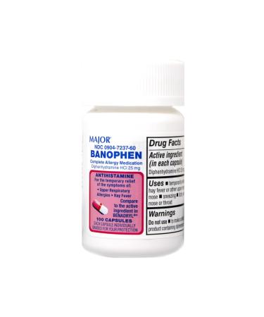 Major Banophen Diphenhydramine Capsules 25mg 100ct