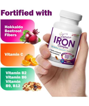 LABO Nutrition Femme Iron Endosomal SunActive, Non-Irritating 15mg Iron Supplement for Blood Builder, Vegan, Gentle, No Metallic Aftertaste, Non Constipating, Ideal for Sensitive Stomachs, 90 Count - Buy Online on GoSupps.com