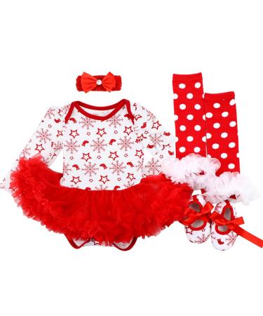 FYMNSI Baby Girls My First Christmas Outfit Newborn Infant 1st Xmas Party Clothes Princess Tutu Romper Dress Bowknot Headband Shoes Leg Warmers 4pcs Set for 0-18 Months 12-18 Months White Snowflake