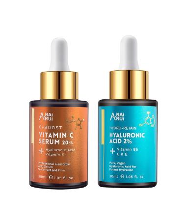 20% Vitamin C and Hyaluronic Acid Serum Set - Boost Collagen Hydrate and Plump Skin Reduce Fine Lines and Wrinkles