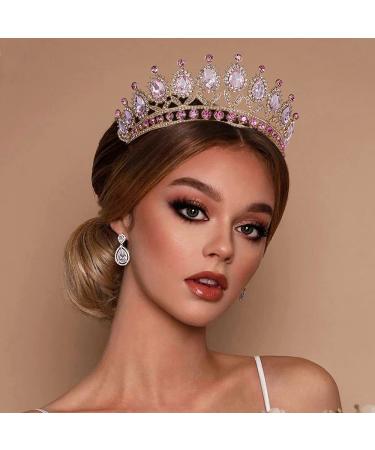 Baroque Crystal Princess Crown | Pink Rhinestone Tiara for Girls & Women | Queen Crown Wedding Hair Accessory for Prom Party - Type 5 - Buy Online on GoSupps.com