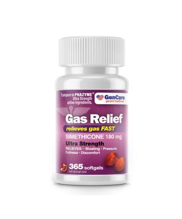 GenCare - Ultra Strength Simethicone Gas Relief 180 mg (365 Softgels) | Anti Flatulence, Bloating Aid, Stomach Discomfort and Gas Pressure Reliever Pills | Relieves Gas Fast | Generic Phazyme