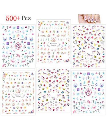 Konsait Unicorn Nail Stickers Decals (500+Designs)  3D Nail Art Stickers Self-adhesive Nail Tips Decorations for Kids Women Girls Unicorn Gift Birthday Party Bag Filler