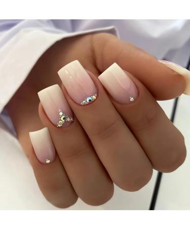 RTKHFZE Square Press on Nails Medium Fake Nails Gradient Nude White Glue on Nails Glossy False Nails with Rhinestones Designs Full Cover Cute French Acrylic Nails for Women Girls 24PCS