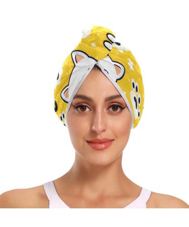 Cartoon Cat Face and Paw Hair Towel 2 Pack Super Absorbent Hair Drying Towel Quick Dry Hair Turbans Head Towel with Button Twisty Wrap for Women Girls