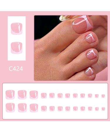 Shop Pink French Tip Press-On Toenails | Short Glitter False Nails for Women | 24 Pcs Full Cover Stick-On Toenails - Buy Online on GoSupps.com