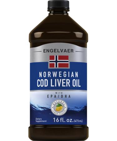 Piping Rock Cod Liver Oil Liquid | 16 fl oz | with EPA and DHA | Engelvaer Norwegian | Lemon Flavor | Non GMO Gluten Free Supplement