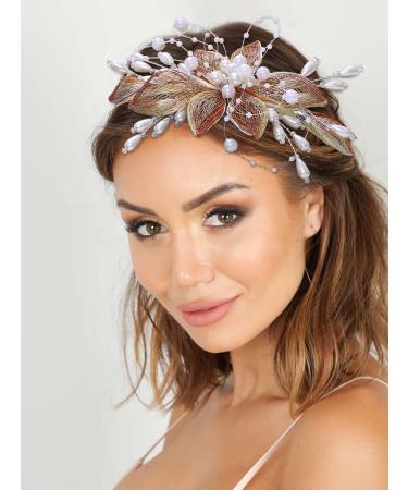 IYOU Bridal Wedding Headband Gold Flower Hair Bands Copper Wire Pearl Headpiece Bridesmaid Bride Hair Accessories for Women - Buy Online on GoSupps.com