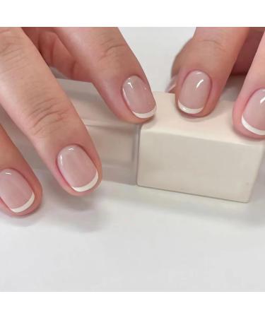 French False Nails Short 24Pcs Nude French Press on Nails White French Fake Nails Full Cover Stick on Nails for Women Girls Nails Art French Short
