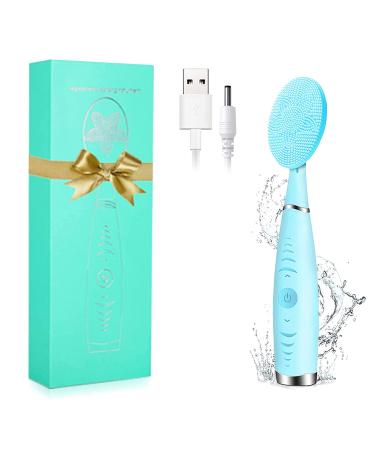 Sonic Facial Cleansing Brush, Lyrzzey Portable Handled Face Cleansing Brush with 5 Adjustable Speeds Vibrating Rechargeable Face Cleansing Brush for Deep Cleaning Gentle Exfoliating Massaging(Blue)