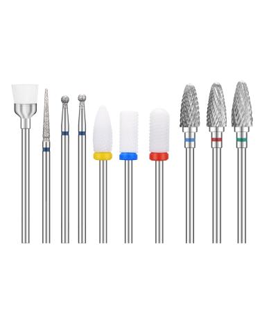 10Pcs Nail Drill Bits for Acrylic Nails Professional Tungsten Carbide and Ceramic 3/32 Nail Drill Bit Set for Remove Cuticles of Engraved Gel Nails or Acrylic Nails