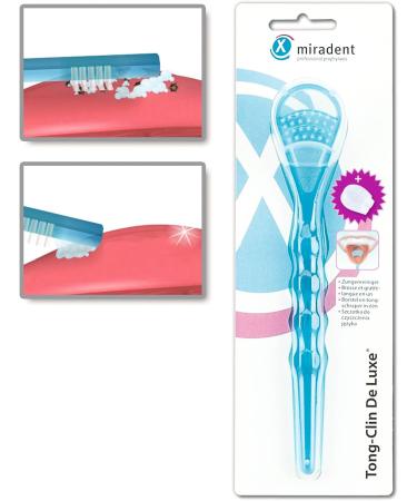 Miradent Tong-Clin de Luxe Tongue Cleaner - Gentle Bad Breath Removal | Blue Transparent | Short Bristle Field | Extra Flat & Curved Stencil - 1 Piece - Buy Online on GoSupps.com