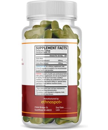 Yerba Mate Energy Capsules - Natural Herbal Caffeine for Energy & Focus | Supports Health & Metabolism | 125 Vegan Capsules - Buy Online on GoSupps.com