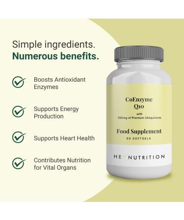 Hey Nutrition CoEnzyme Q10 Supplement - 100mg Premium Ubiquinone - Antioxidant Boost - Vital Organ Nutrition - Non-GMO - UK Made - 60 Softgels - Buy Online on GoSupps.com