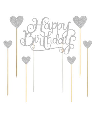 PT Haahoos 7Pcs Cake Toppers Silver Cake Decoration Happy Birthday sign and Heart Shaped Cupcake Topper for Women Girls Mommy Boys Men Birthday Cake Ice Cream Party Decor