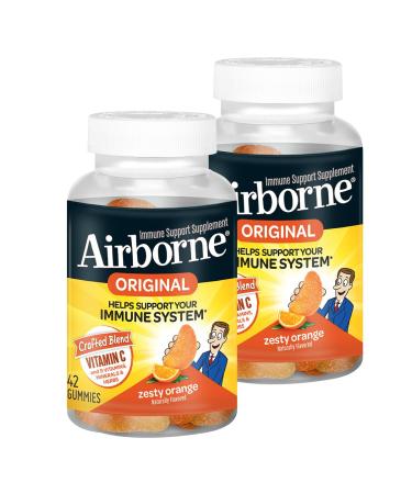 Airborne 750mg Vitamin C Immune Support Supplement Gummies for Adults Zesty Orange Flavor Gluten Free Crafted Blend with Powerful Antioxidants Vitamins C & E 42 Gummies (2 Pack) 42 Count (Pack of 2)