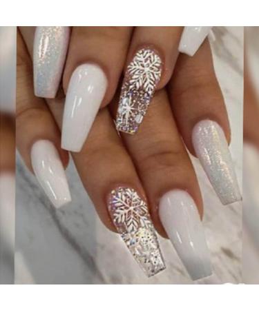 Bufenia artificial fingernails coffin long Christmas snowflake glitter white for pressing shiny ballerina acrylic for gluing for women and girls 24 pieces