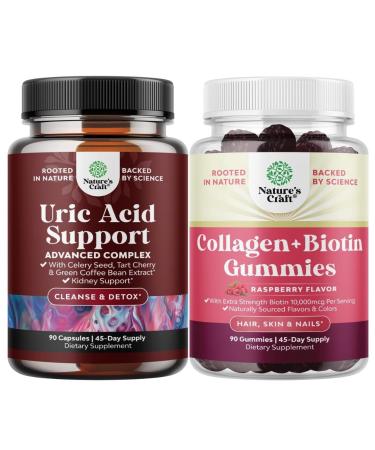 Bundle of Green Coffee Bean Extract for Uric Acid Cleanse & Detox with Turmeric Tart Cherry & Celery Seed and Hair Skin and Nails Gummies for Women - Marine Collagen Biotin 10000mcg per Serving