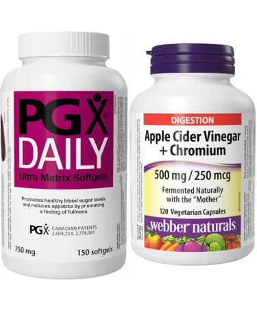 Webber Naturals PGX Daily Softgel 750 mg 150 Count & Apple Cider Vinegar with Chromium 120 Capsules Fermented Naturally with The Mother Digestive Support Sugar Free Vegan