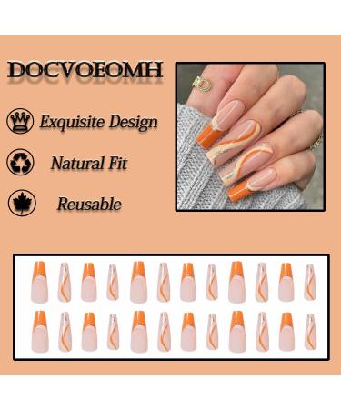 24PCS DOCVOEOMH Orange Long Coffin Press on Fake Nails - Glue on Acrylic Stick on False Nails for Women - Orange-A01 - Buy Online on GoSupps.com