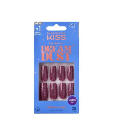 KISS False Nails Kit Dreamdust Ready to Wear Gel Sculpted Nails Stick and Glue Included Long Length Square Shape with Glitter Effect Long-Lasting Hottest Trend Glue on Nails Perfumes