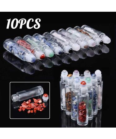 10 Pack 10ml Gemstone Roller Bottles with Healing Crystal Chips - Clear Glass Roll on Bottle for Essential Oils - Silver Lid - Natural Crystal Stones Roller Balls - Buy Online on GoSupps.com