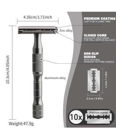 Buy Premium Safety Razor for Men & Women | Reusable Metal Single Blade Shaver - 10 Platinum Blades Included | Sustainable Gun Black Design - Buy Online on GoSupps.com