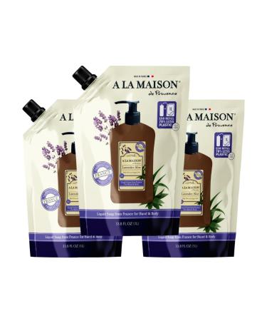 A LA MAISON French Liquid Hand Soap RefilL - Natural Hand Wash Made with Essential Oils - Biodegradable, Plant-Based, Vegan, Cruelty-Free (33.8 Fl Oz Pouch (3 Pack), Lavender Aloes)