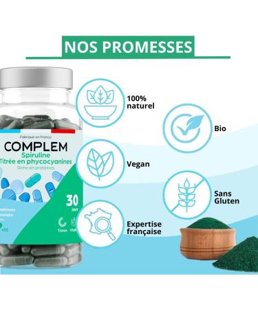 Spirulina Titled in Organic Phycocianins 1560mg per day - Rich in Protein & Iron - 12 Vitamins & Minerals - Made in France - 90 Capsules 1 Month Cure - Buy Online on GoSupps.com