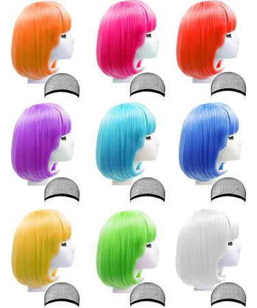 LOHO WONDERZ 9 Pieces Short Bob Hair Wigs Candy Colored Costume Cosplay Wigs Daily Party Hairpiece for Women Girls - Bachelorette Party Decorations  Favors  Supplies Colorful